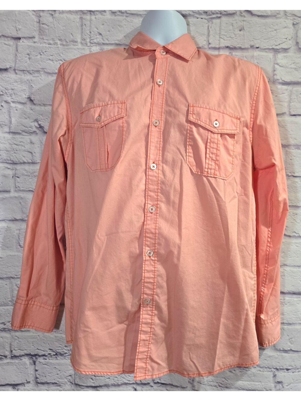 Michael Brandon Bright Orange Button Up Men's Shirt Medium Long Roll Tab Sleeves